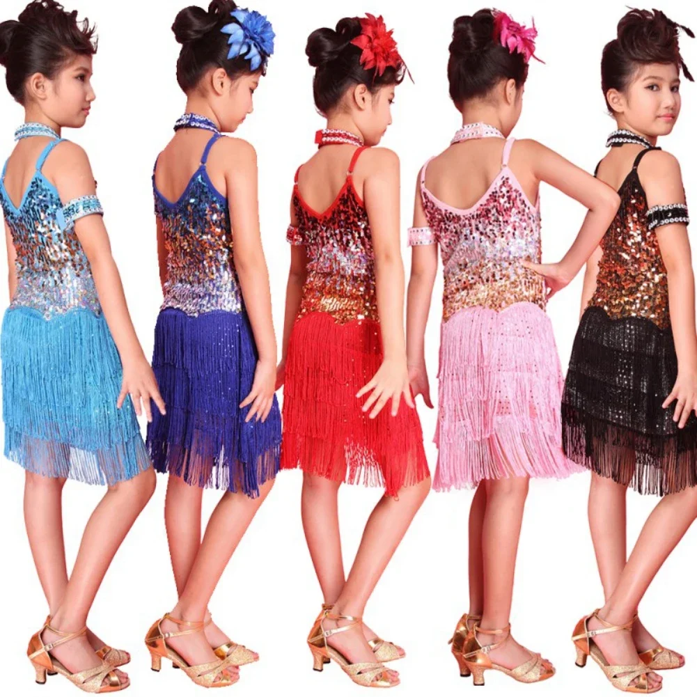 Fashion  Sequined Tassel Latin Ballroom Dance Dress Knee-Length Color Contrast Ballet Girl  Waltz Rumba Dancewear For 4-13 Years