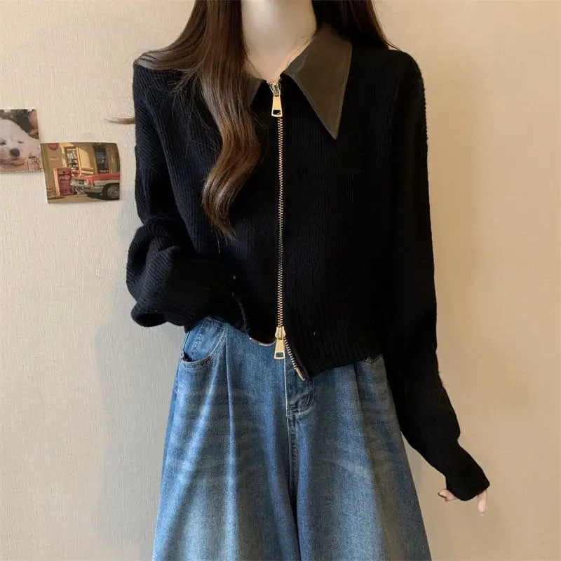 Oversized Women's Clothing with Belly Covering POLO Collar Double Zipper Cardigan Women's Chubby Sister Slimming Short Sweater