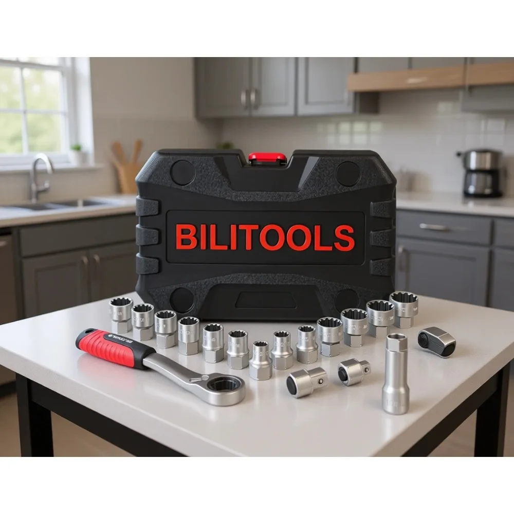 

17 Piece 3/8 and 1/2 Inch Pass Through Socket Set with Dual Ratchet Conversion for Hex Square E Torx Spline