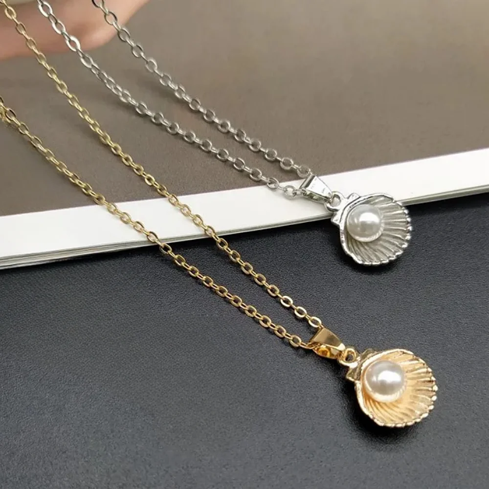 OL Commuter Imitation Pearl Shell Pendant Necklace Women's Ocean Series Style Elegant Short Clavicle Chain Necklace image 4