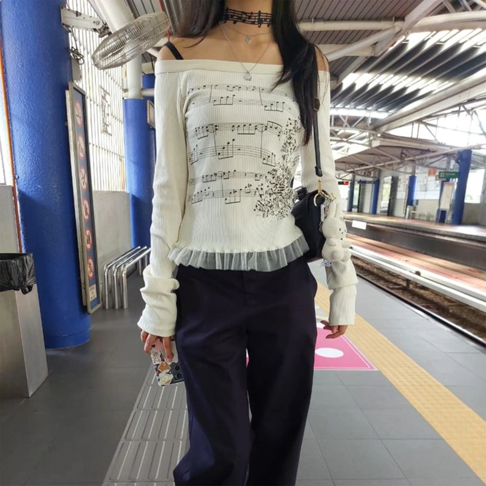 Basic Women’s Lace Patchwork Off Shoulder Tops Long Sleeve Music Note Print Slim Fitted T-Shirt Ruffle Blouse