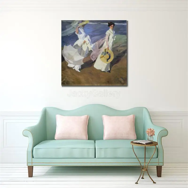 Handmade Joaquin Sorolla Y Bastida Figure Strolling Along Seashore Luminism Oil Painting Canvas Picture for Living Room Decor