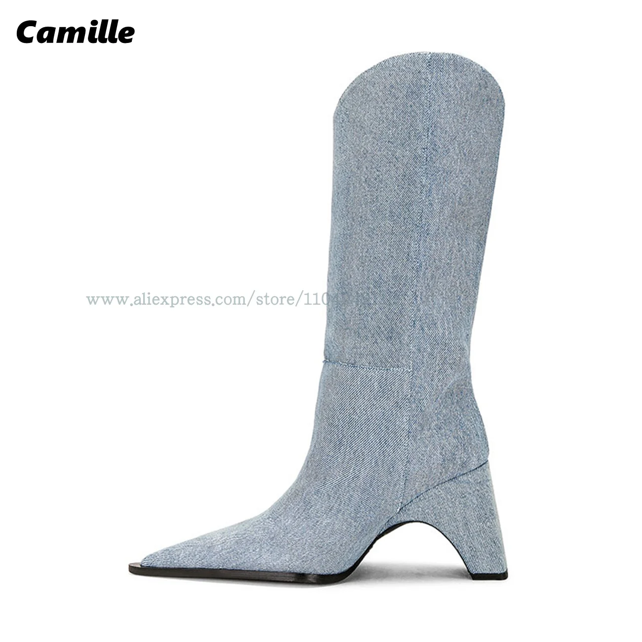 

Retro Denim Blue Strange Heel Modren Lady Boots Autumn New Size 34-44 Slip On Mid Calf Boots Pointed Toe All-Match Casual Boots