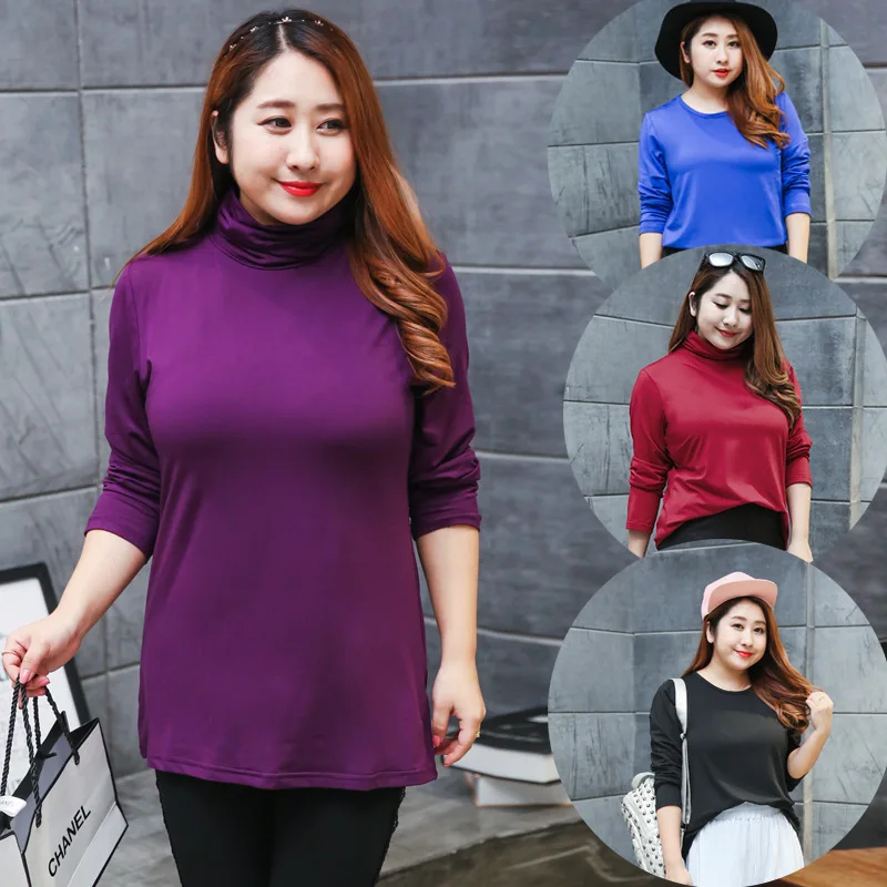 

plus Size Extra Large Long Sleeve High Collar Thin Fleece Autumn Winter Warm Base Shirt for plus Size Women And Fat Ladies