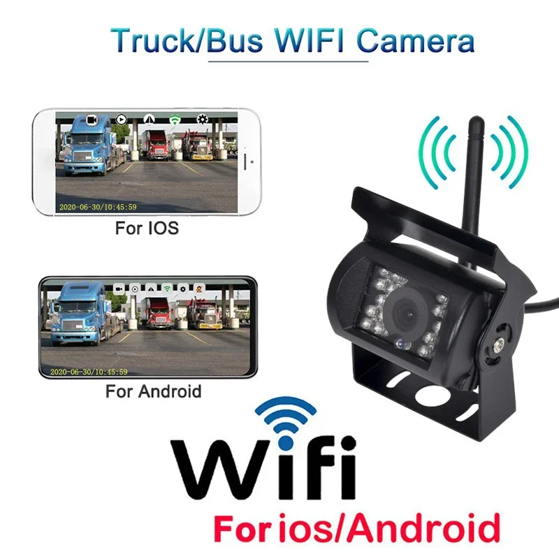WIFI wireless reversing camera for trucks and buses 12V-24V HD night vision backup camera for Iphone IOS Android 100M distance