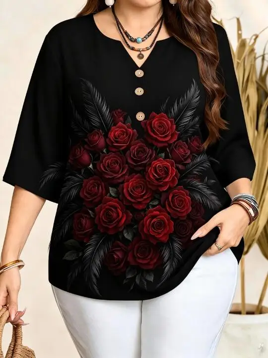 Women Art Graphic Print TOP, Notch Henley V‑Neck Half‑Button 3/4 Sleeve Loose Casual Daily Shirt Top