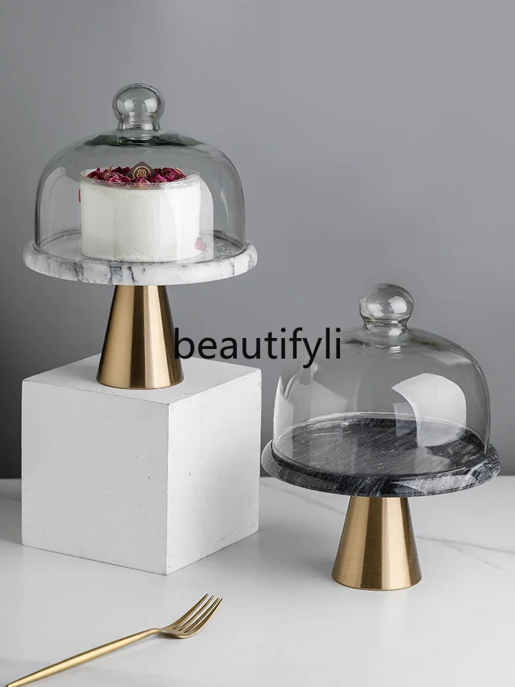 Nordic style marble creative transparent glass cover light luxury gold dessert table tray