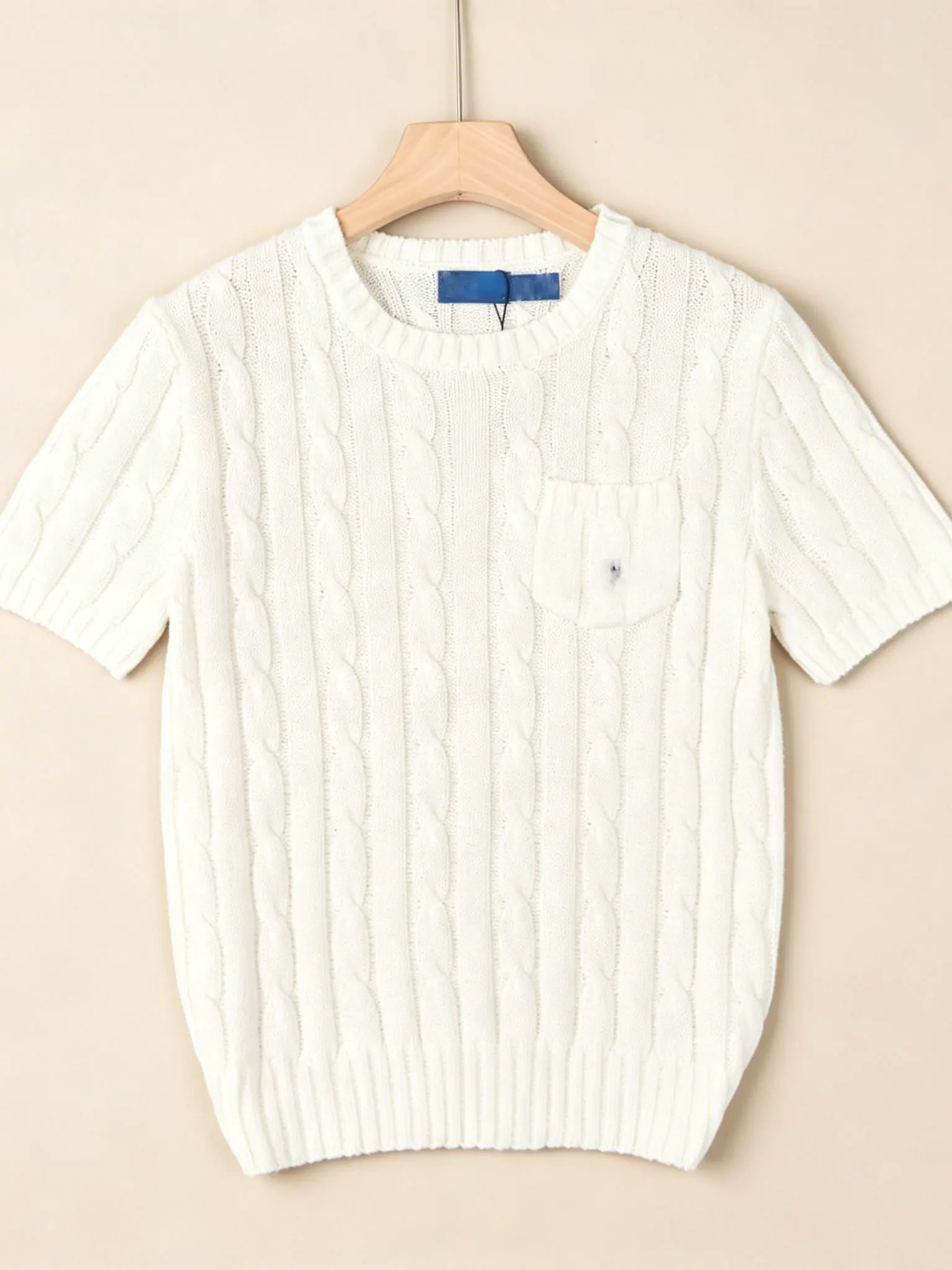Women's Embroidered Knot Pattern Knitted Sweater Short Sleeve round Neck Pocket Bag White Summer Thin Casual Style
