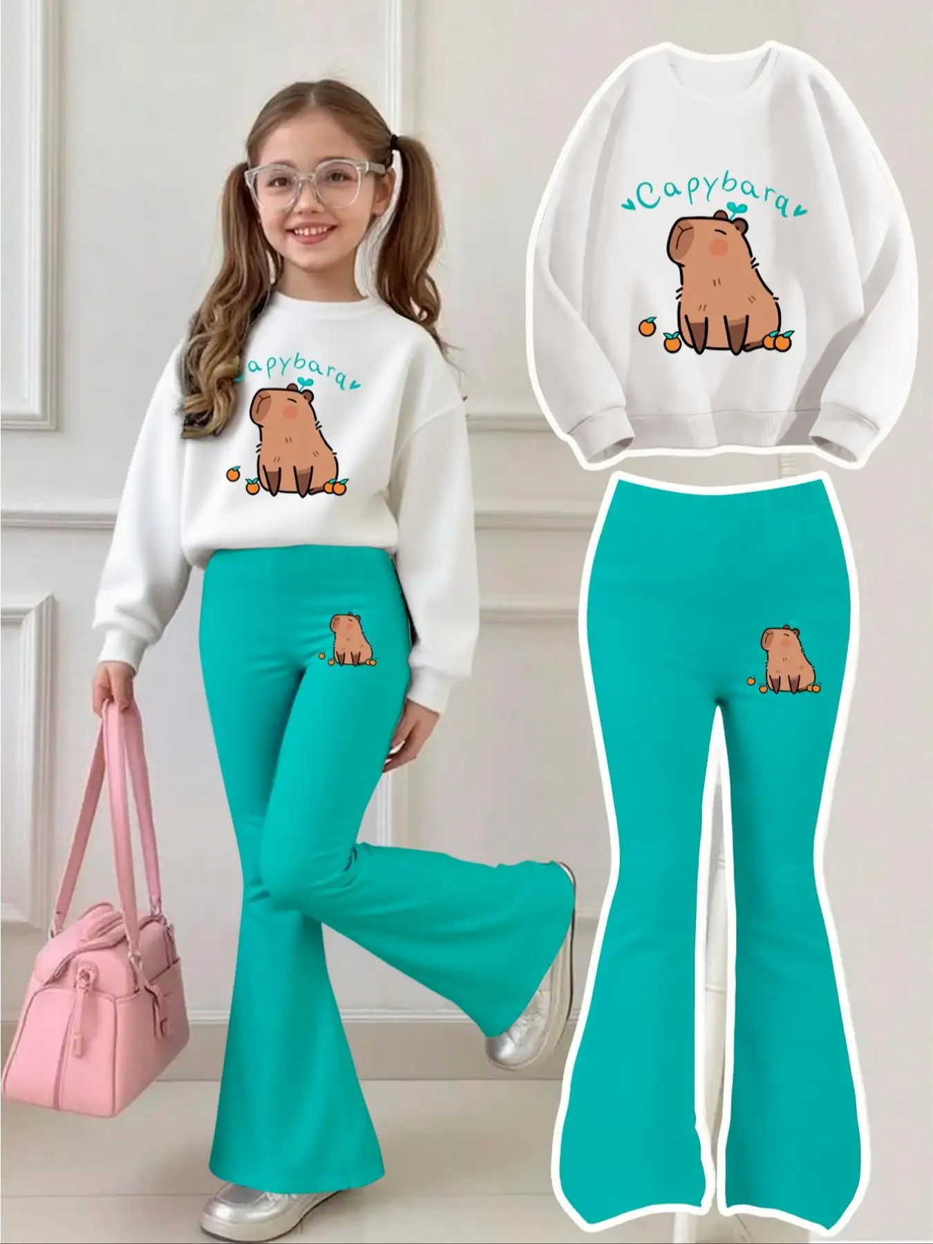 Kinderbekleidungsset für Mädchen im Alter von 4–12 Jahren, weiches und süßes Capybara-Sweatshirt und Schlaghose, zweiteiliges Set, blaugrüne Hose mit schwarz-weißem Sweatshirt, vielseitig einsetzbar