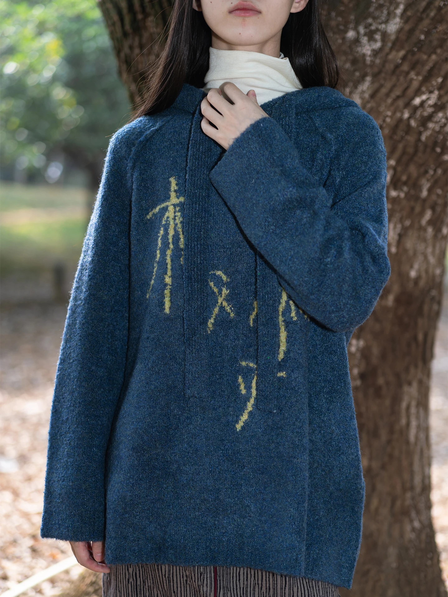 

Large Hooded Color Knit Sweater with kets Women's Casual Loose Fit Thi Winter Long Sve Wool Blend Polyester Nylon