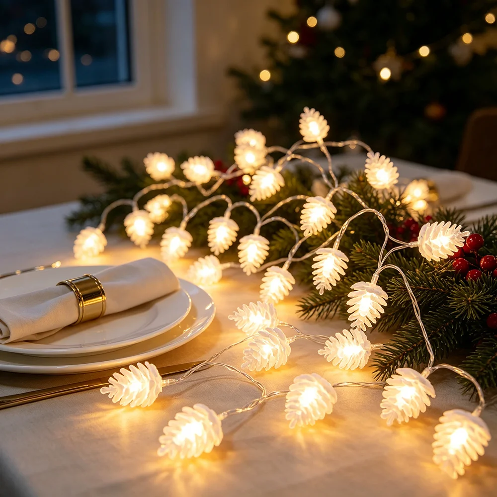1pc White Plastic Pine Cone String Lights, 304cm 20LED, for Indoor Background Decor, Christmas Tree Wrapping, Holiday DIY