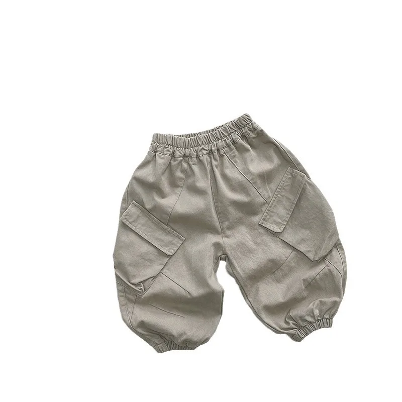 Korean Style Kids Cargo Pants Boys Girls Elastic Waist Multi Pocket Loose Jogger Casual Trousers