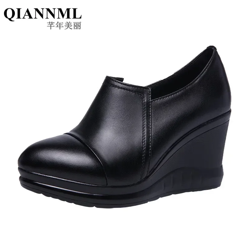 7cm Small Size 32-43 Fall Winter Deep Mouth Platform Wedges Shoes with fur Black 2025 High Heels Pumps Women for Office Mom Work