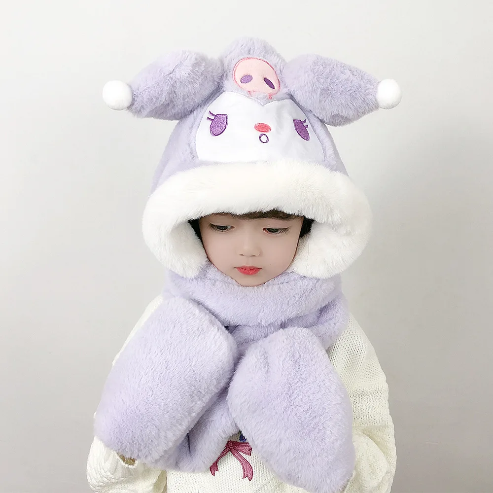 

Зимняя теплая Новинка Sanrios Kuromi Cinnamoroll плюшевая шапка перчатка шарф один предмет зимняя Милая теплая шапка шарф