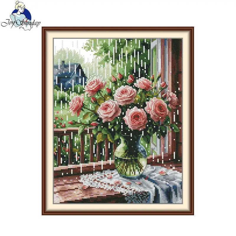 

Joy Sunday Cross Stitch Kit The Rose on The Windowsill HD Pattern Aida 16CT 14CT 11CT Counted DIY Embroidery Kits Home Decor