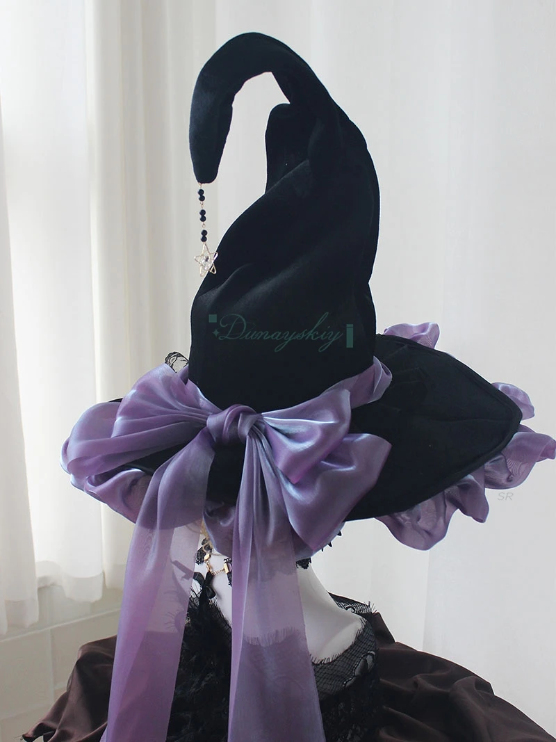 

Halloween Magic Wizard Hat Hand made Magic hat Witch Cosplay Big Bow Spire Cap For Girl Women Clothing Accessories