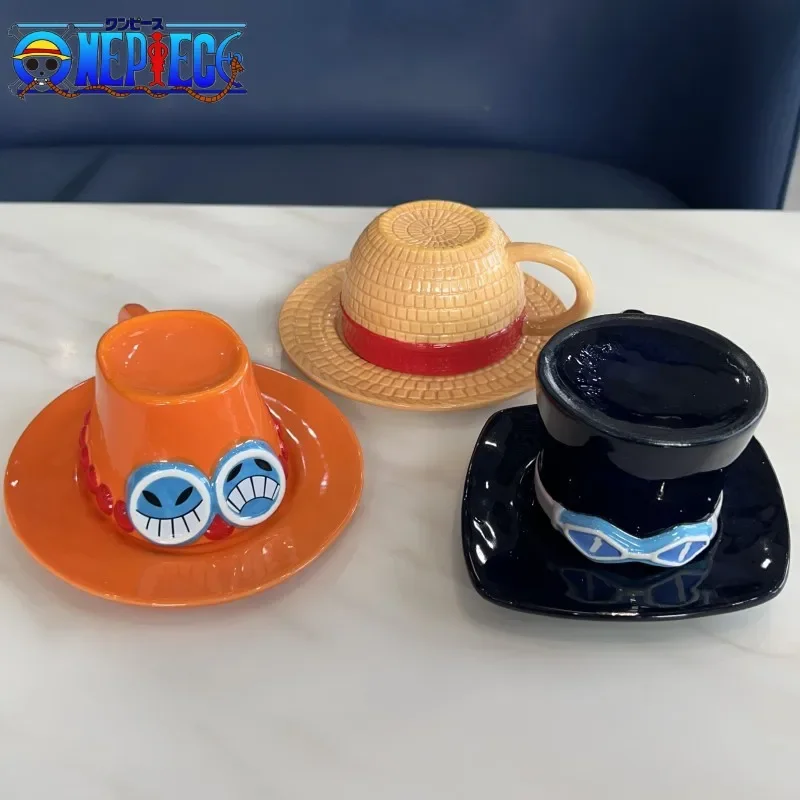 One Piece 201-300ml Cup  Anime Luffy Sabo Peripherals Mug Water Cup Creative Three Brothers Hat Shaped Coffee Ceramic Cup Gifts