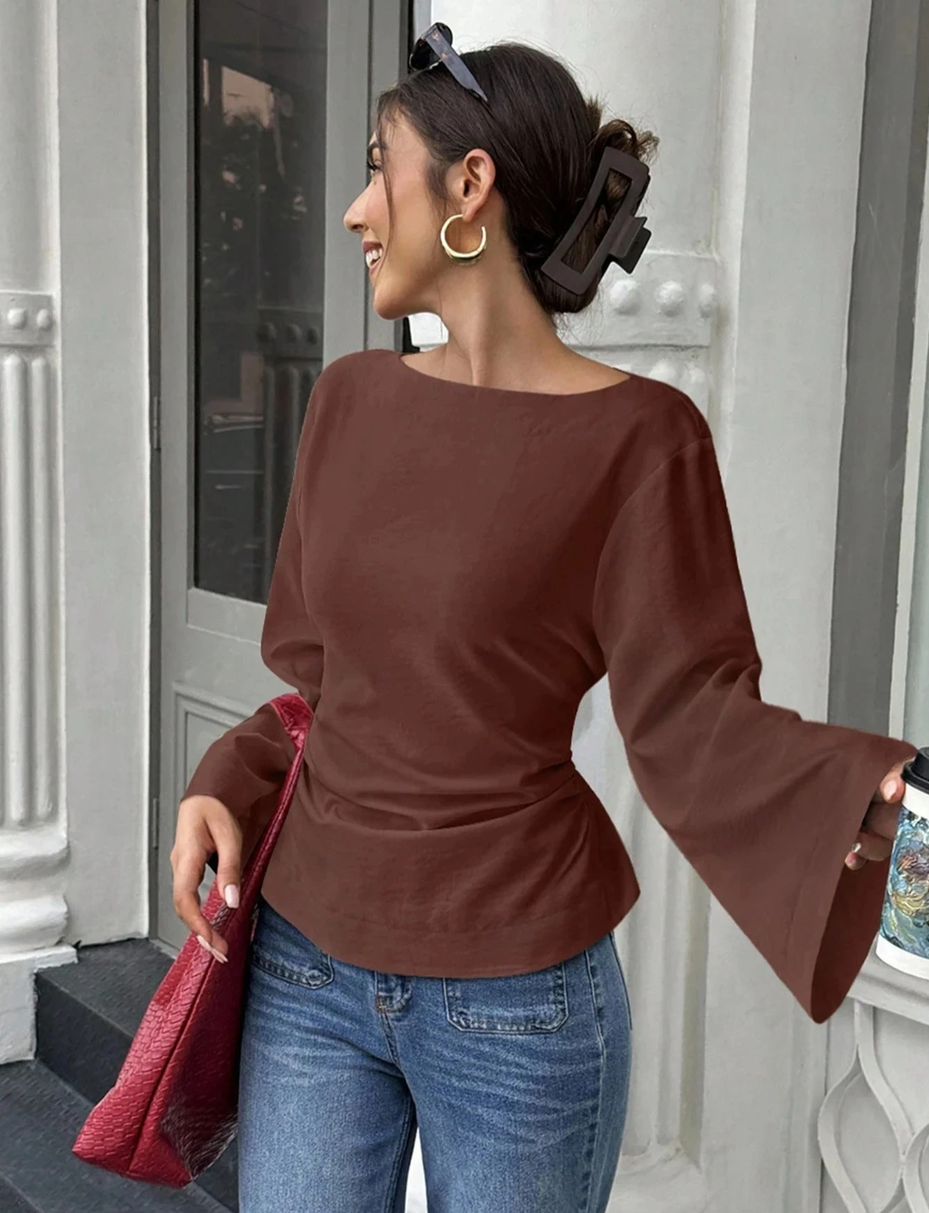 

Women's Casual Solid Color Boat Neck Flare Sleeve T-Shirt Elegant Back Tie Slim Fit Long Sleeve Tops Spring/Fall