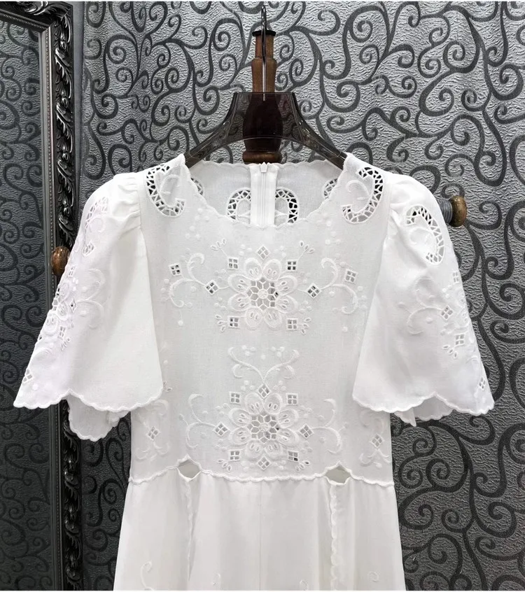 Top Quality Summer Dress 2024 Fashion Design Women Exquisite Embroidery Short Sleeve Long White Black Maxi Dress Cotton Linen