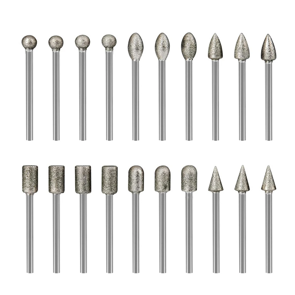 20pcs Diamond Burs Grinding Drill Bit Head 3mm Shank Emery Diamond Grinding Head for Stone Carving Drill Burr Lapidary Tool