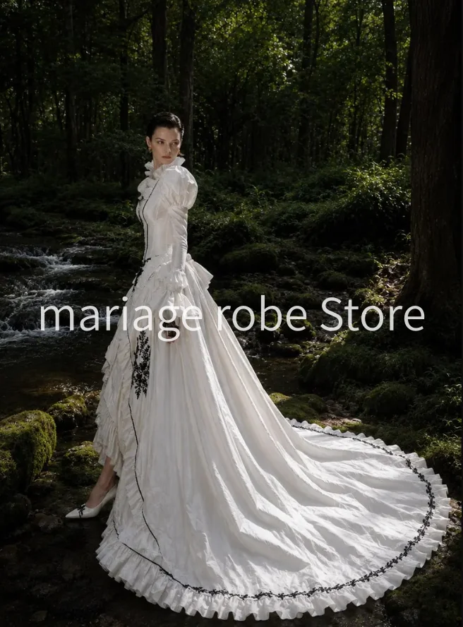 White Formal Bridal Dress with Black Accent Romantic Long Sleeve Corset Lace-up Royal Gothic Victorian Wedding Gown Customized