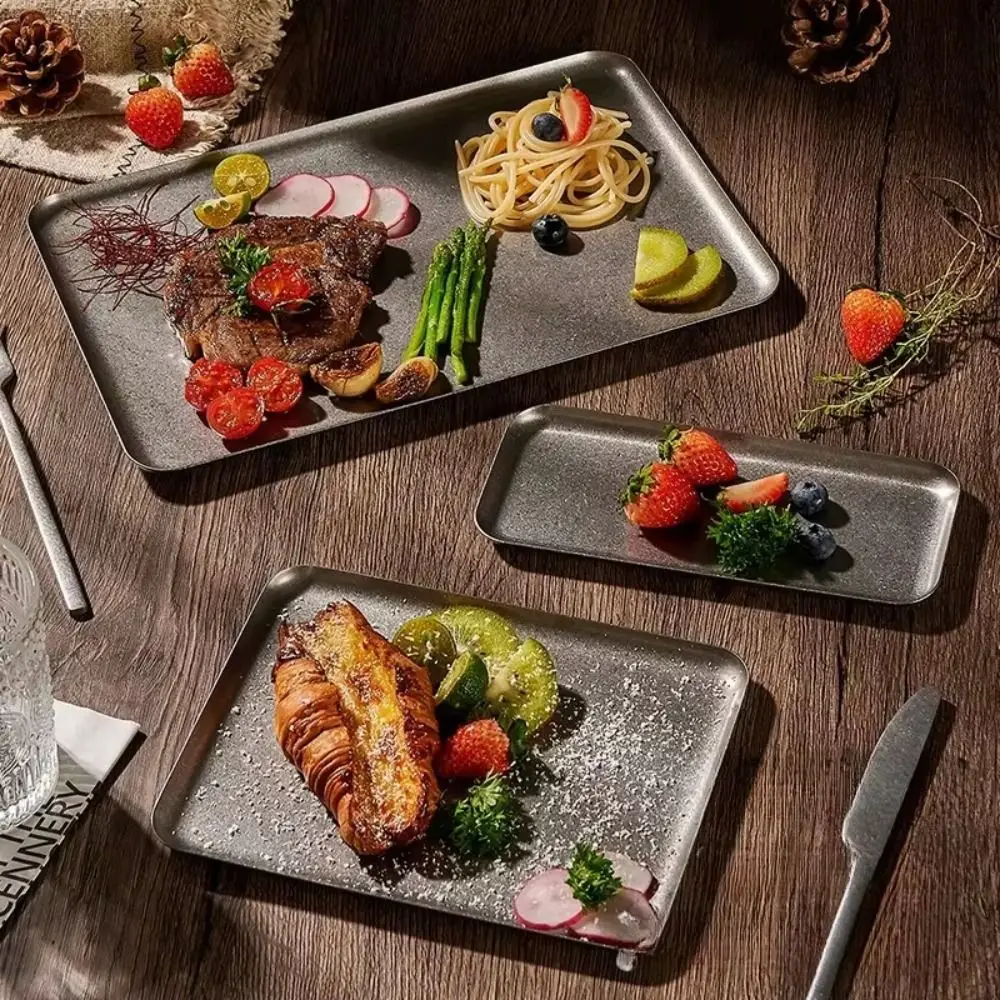 304 Stainless Stainless Steel Tray Vintage Silver Thickened Steak Dish Square Shape Brushed Surface Dinner Plate Dessert Display