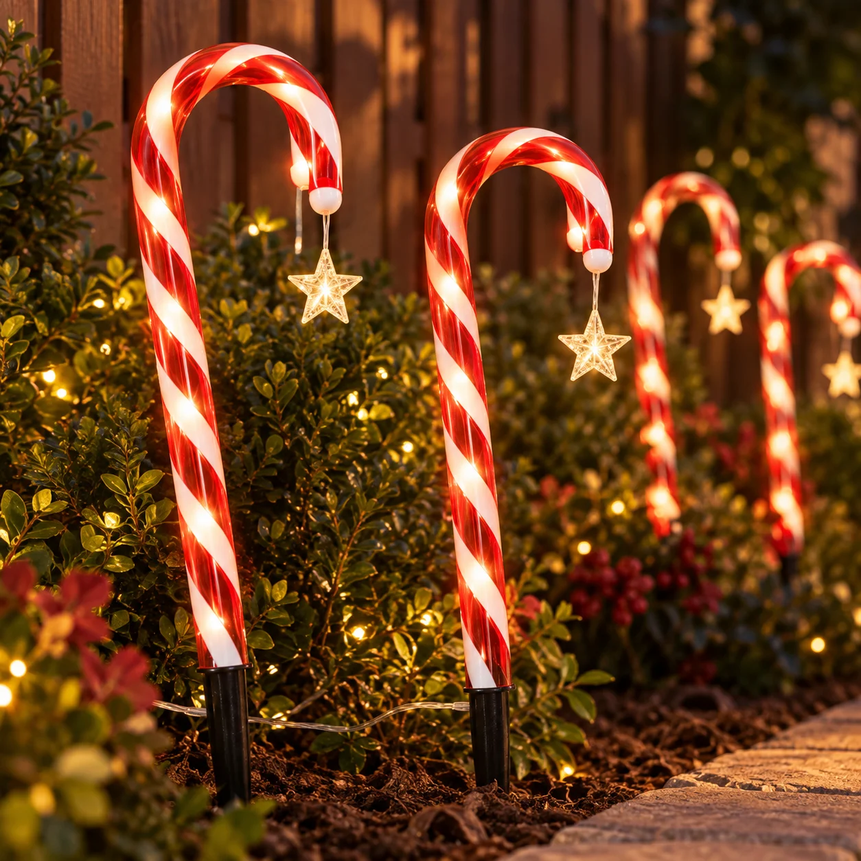 Solar Candy Cane Pathway Lights, Red White Striped Christmas Stake Lights with Star Pendant, Outdoor Garden Lawn Holiday Decor