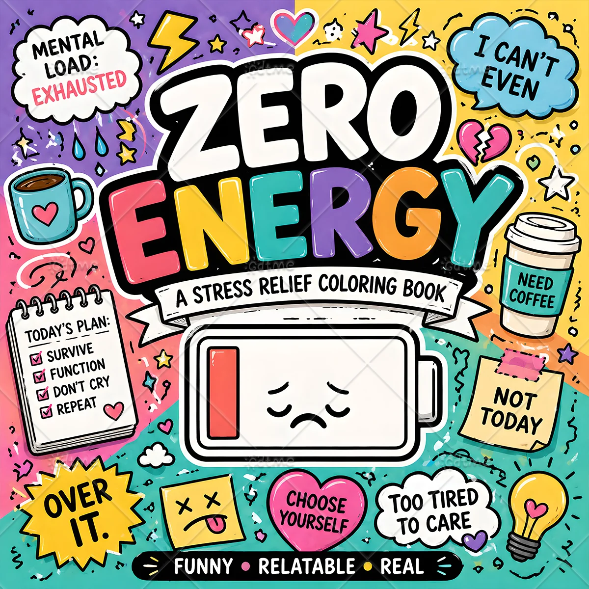 Zero Energy Coloring Book, Funny Relatable Sarcastic Quote Illustrations, Stress Relief Thick Line Coloring Pages for Adults