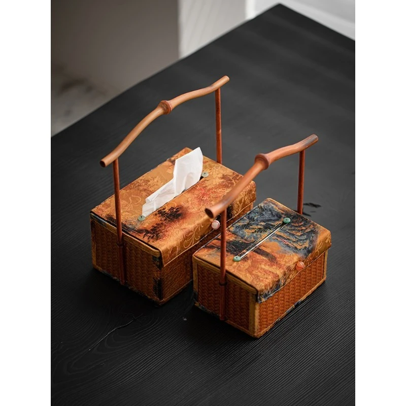 

Chinese retro bamboo braided brocade tissue box, bamboo portable pumping carton, living room home tea table storage box