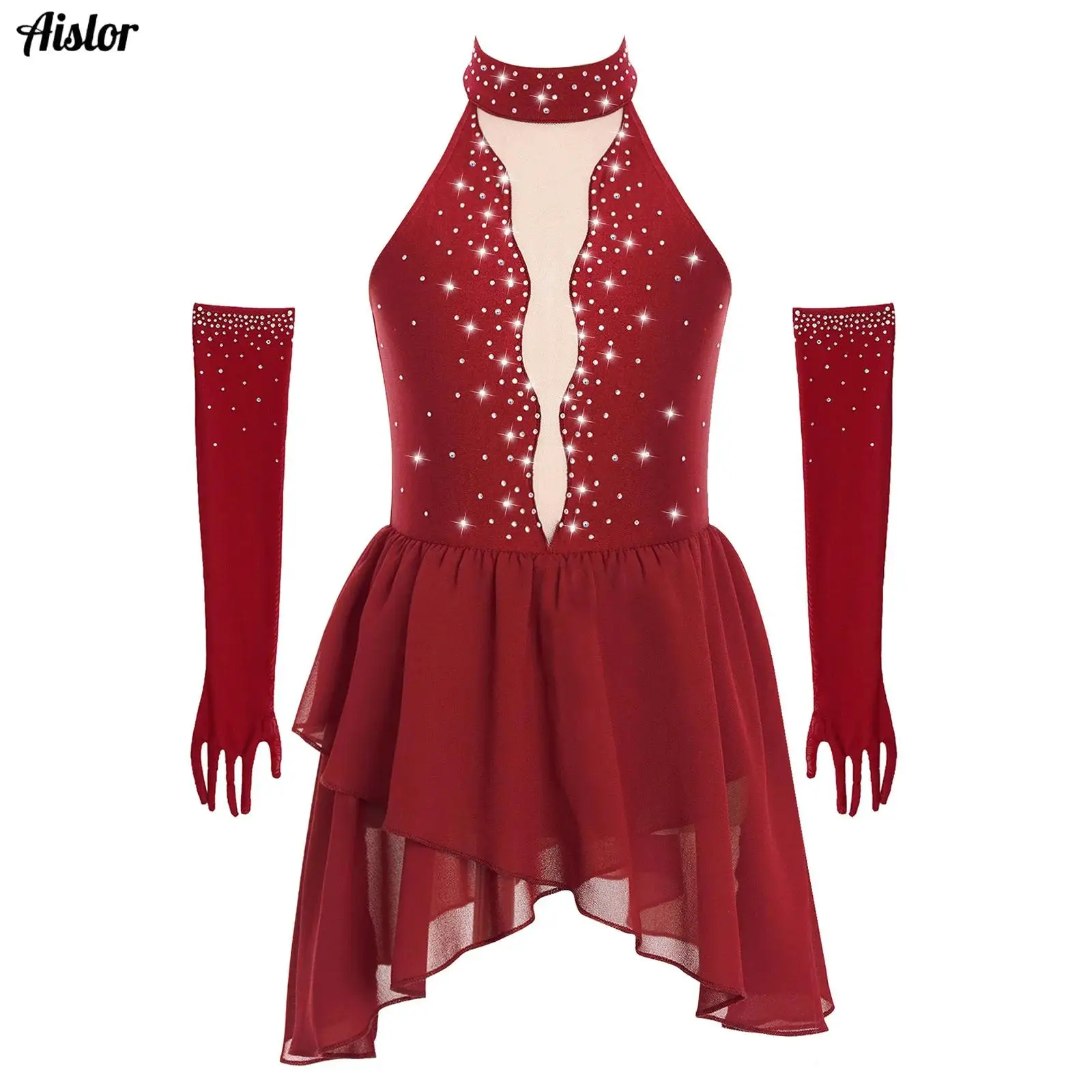

2Pcs Kids Girls Rhinestone Lyrical Dance Costume Sheer Mesh Patchwork Sleeveless Mock Neck rregular Hem Dress with 1 Pair Gloves