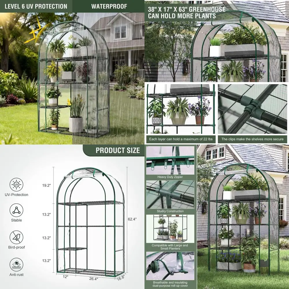 

Компактная 4-ярусная переносная теплица, 38x17x62 см, для домашнего садоводства, с ПВХ-покрытием