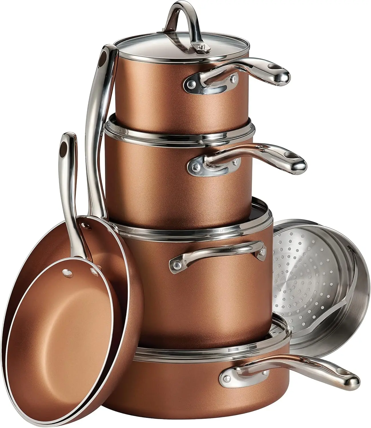 

11-Piece Non Stick Cookware Set with Glass Lids, Heavy-Gauge Aluminum Nonstick Pots and Pans Kitchen Set (Metallic Copper)