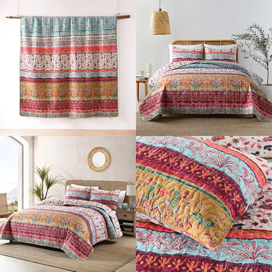 

Boho Style Queen Quilt Set Reversible Bohemian Floral Strip Quilt Beddding Set, Soft and Lightweight Bedspread for All Season,
