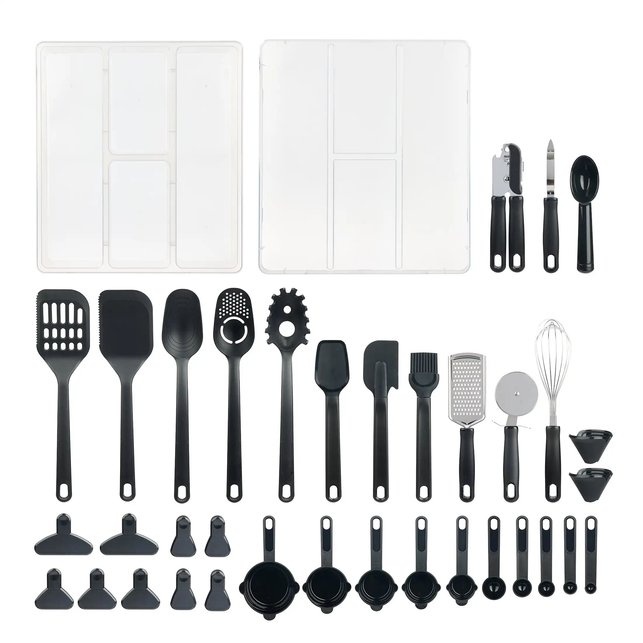 

Mainstays 36pc Kitchen Gadget Set with Cooking Utensils, Measuring Cups, Clips, and Drawer Organizer, Black/Clear