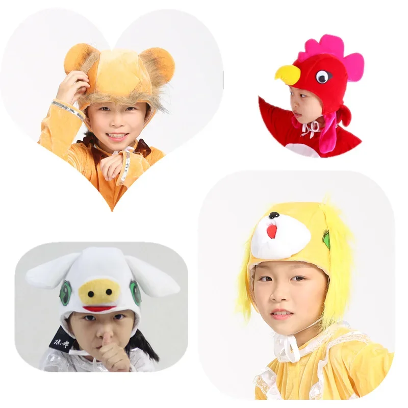 Novelty Farm Animal Costume Hat Theme Party Dress Up Plush Rooster Horse Sheep Dragon Cow Rabbit Mouse Headband  Child Halloween