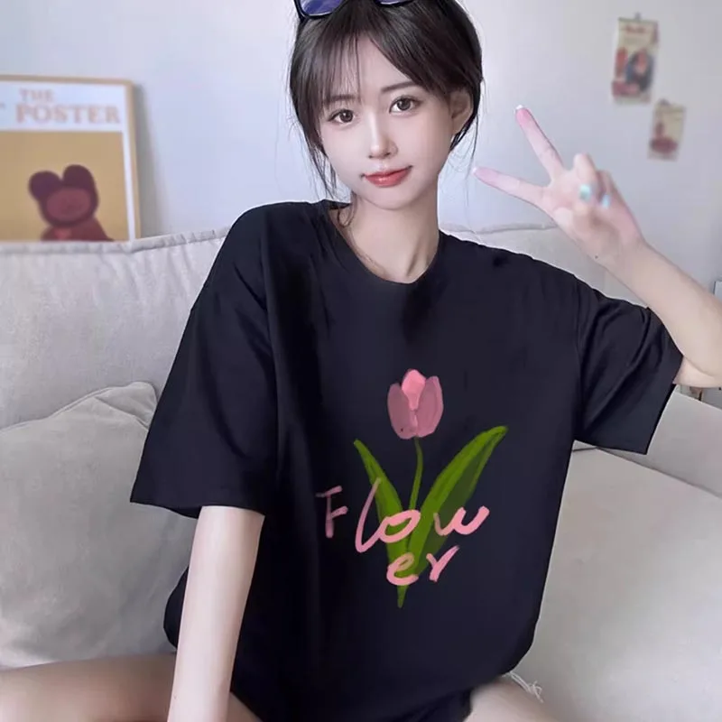 Summer O Neck Short-Sleeved Tulip Print T Shirt Women Casual Fashion Polyester Quick Dry Cooling T-shirts Shopping Beach Tops