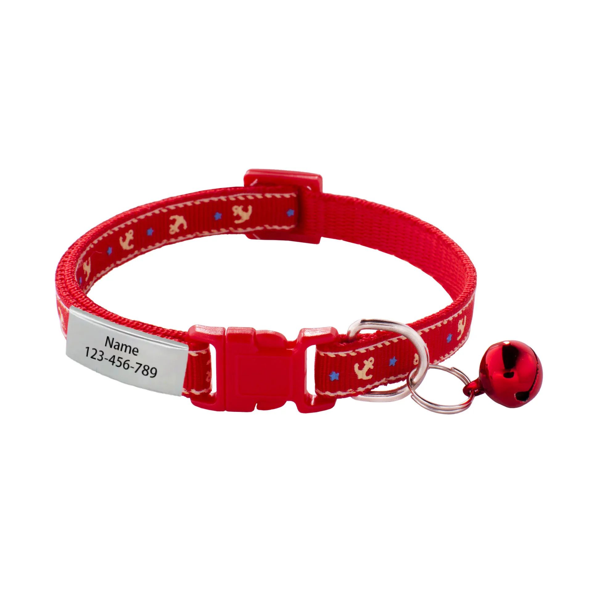 1pc with boat anchor print pattern effect personalized cat and dog collar with nameplate, cute cat collar with bell