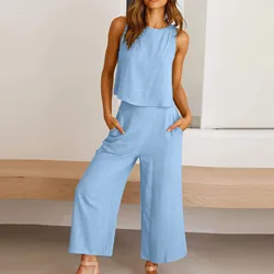 Summer Tops Cotton Linen and Wide Leg Pants Casual Sleeveless Two Piece Set Office Lady Two Piece Suit Women's Clothes