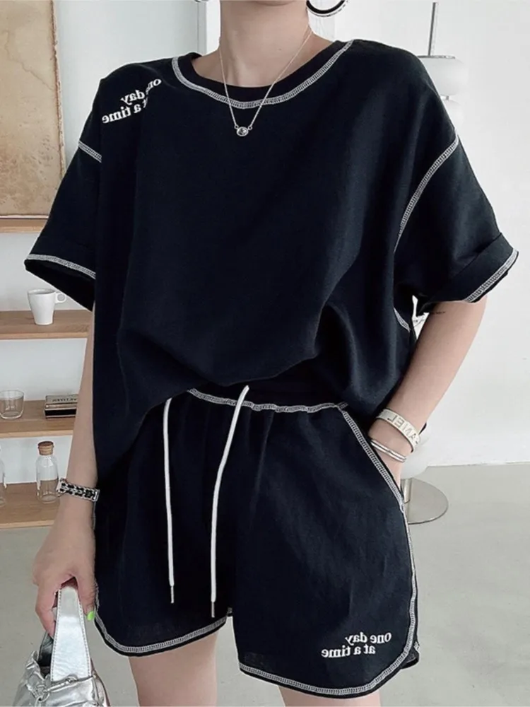 Summer New Letter Print Versatile Short Sleeve Tee+ Drawsting Shorts Set Loose Casual O-neck T-shirts 2pcs 2024 New Women Outfit