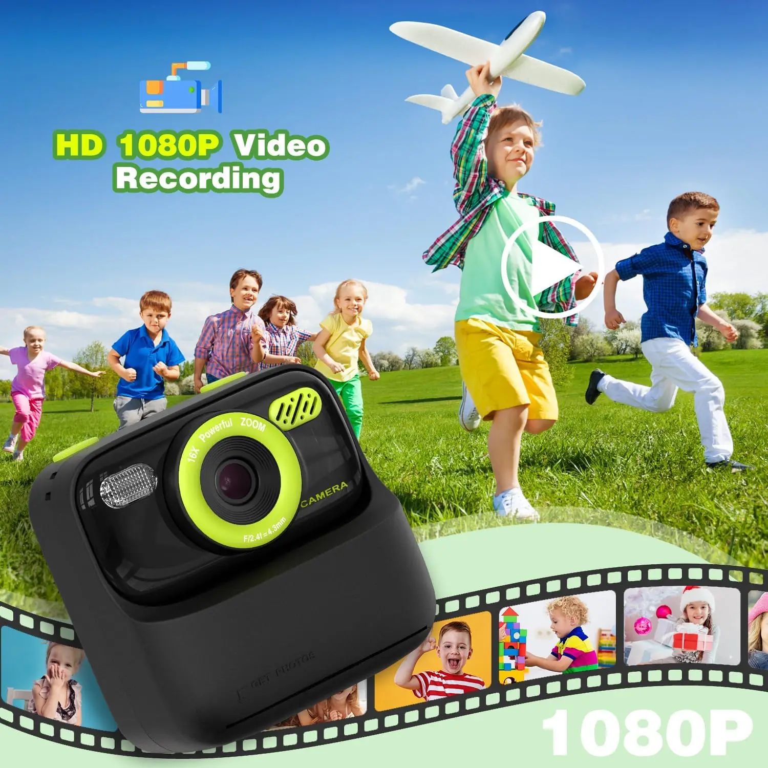 子供用インスタントプリントカメラ、男の子と女の子への誕生日プレゼント、子供用デジタルカメラおもちゃ、1080P HDビデオ、男の子へのギフト/女の子へのギフト