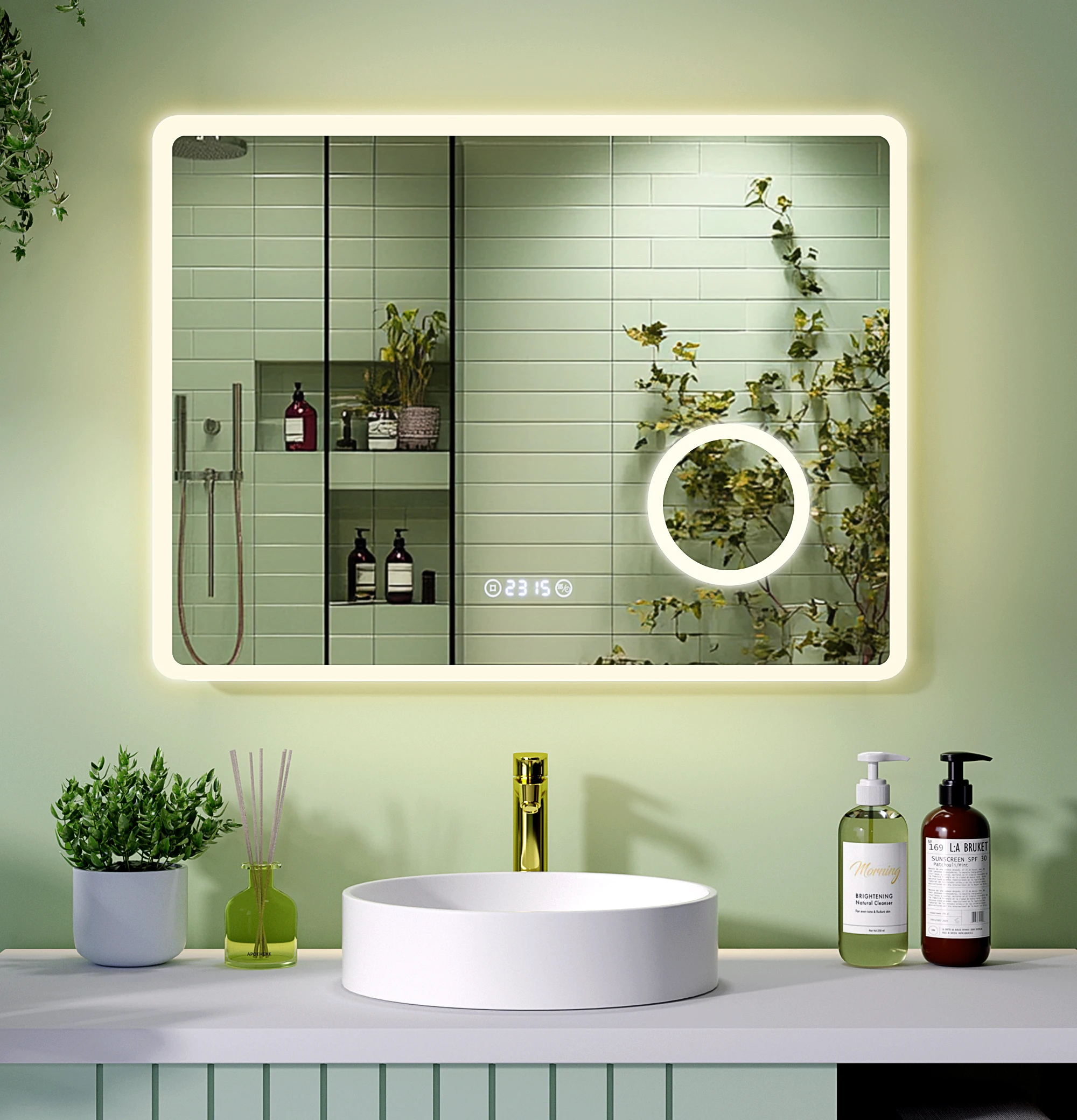100x60 cm LED-Badezimmerspiegel mit Zeitanzeige, 3-Farben Dimmbares Licht, 3-fache Vergrößerung, Antibeschlag-Funktion, Speicherfunktion, IP44 Wasserdichter Intelligenter Schminkspiegel für die Wand