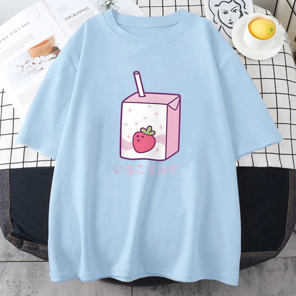 Strawberry Milk Cartoon Printing Tee-shirt Kawaii Graphic Clothing for Girls Cotton Short Sleeve Spring Tshirt Aesthetic Women