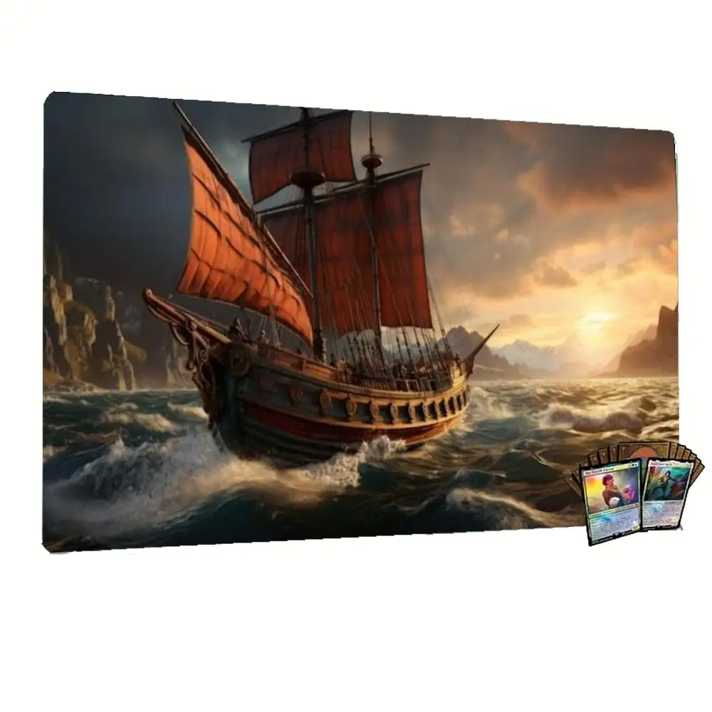 Ocean Storm Sailing Vessel Art Playmat, Non Slip Large Desk Pad, Tabletop Card Game Mat, Extended Keyboard Mouse Mat for Game