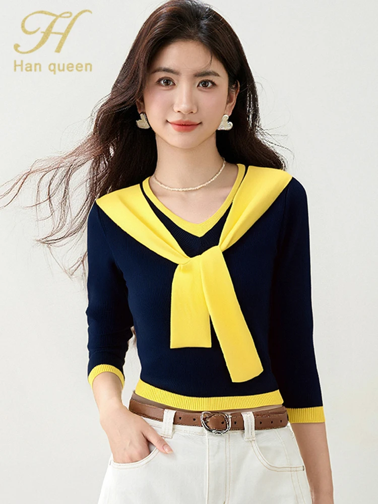 

H Han Queen Autumn knitted Pullover Sweaters Women Elastic Patchwork Basic Korean Elegant Contrasting Shawl Long Sleeve Tops﻿﻿