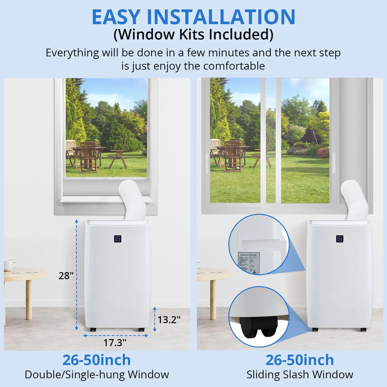 14000 BTU White 4 In 1 Portable Air Conditioner Cooling Dehumidifier Fan And Sleep Mode Mobile AC With Quiet Operation Remote And 24H Timer Complete Window Kit For Spaces Up To 700 Sq Ft