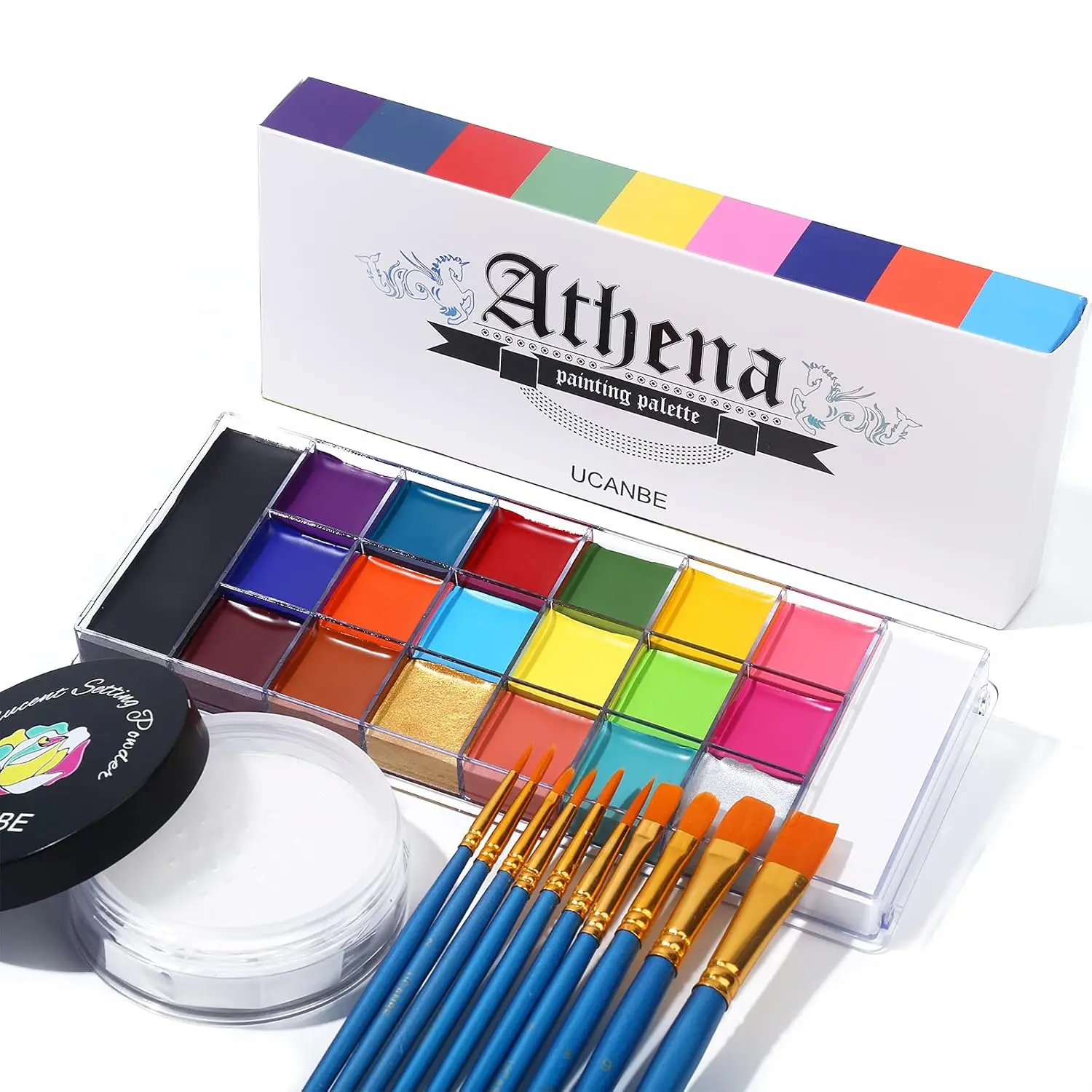 

Athena Face Body Paint Oil Palette + Translucent Setting Powder + 10PCS Brushes Set, Professional Non Toxic Face Paintin