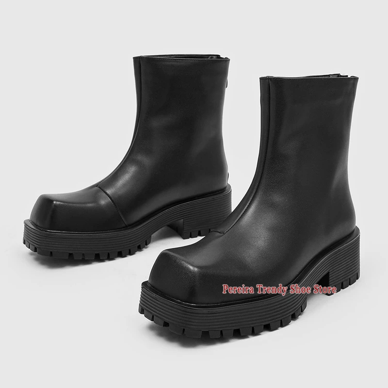 

Мужские ботинки на массивной платформе с квадратным носком, в уличном стиле, из искусственной кожи, с задней молнией, мотоциклетные, осенне-зимние, модные