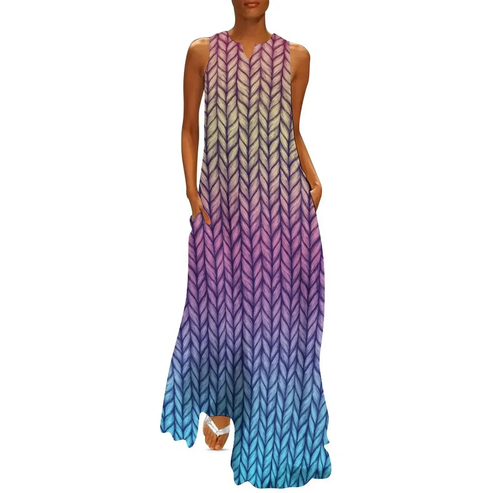 

Rainbow Gradient Chunky Knit Pattern Long Dress Casual dresses Dress