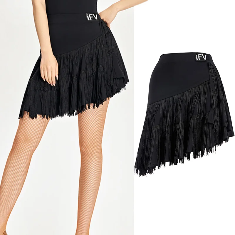 

Женская юбка для латинских танцев, черная танцевальная юбка с бахромой, тренировочная одежда для ча-ча, самбы, сальсы, одежда для взрослых, одежда для латинских бальных танцев 4887