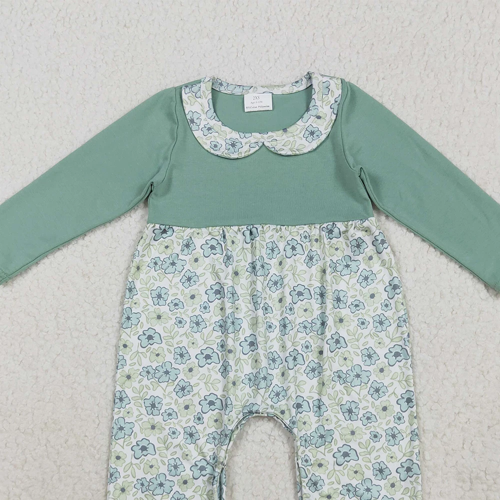 Baby Girls Green Long Sleeves Floral Ruffle Romper Pant Cute Infant Girl Outfit with Ruffle Detailing